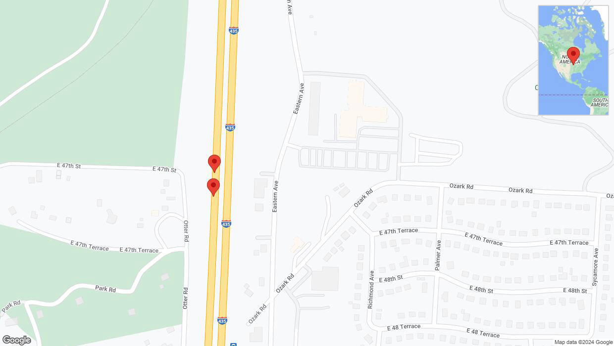 A detailed map that shows the affected road due to 'Broken down vehicle on southbound I-435 in Kansas City' on August 28th at 3:08 p.m.