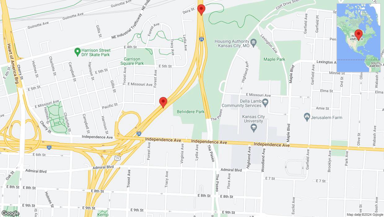 A detailed map that shows the affected road due to 'Warning: Crash on northbound I-35 in Kansas City' on August 28th at 3:20 p.m.