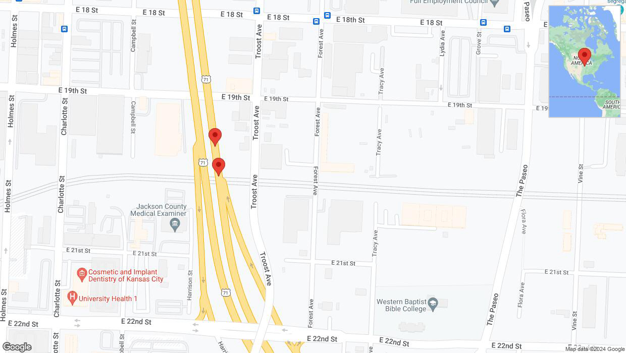 A detailed map that shows the affected road due to 'Broken down vehicle on northbound US-71 in Kansas City' on August 28th at 5:02 p.m.