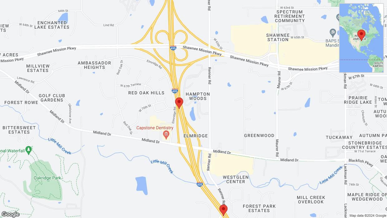 A detailed map that shows the affected road due to 'Lane on I-435 closed in Shawnee' on August 28th at 3:44 p.m.