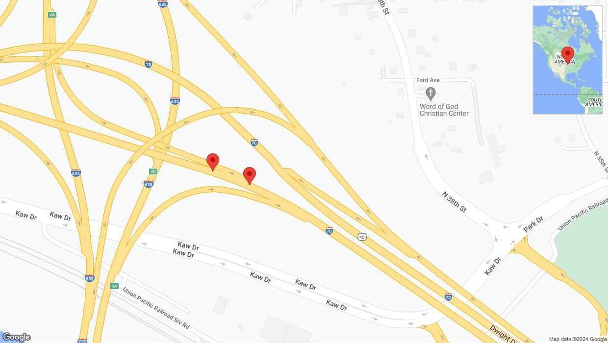 A detailed map that shows the affected road due to 'Broken down vehicle on eastbound I-70 in Kansas City' on August 28th at 4:14 p.m.