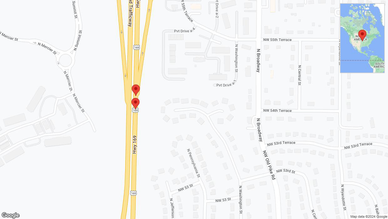 A detailed map that shows the affected road due to 'Broken down vehicle on northbound US-169 in Kansas City' on August 28th at 4:14 p.m.