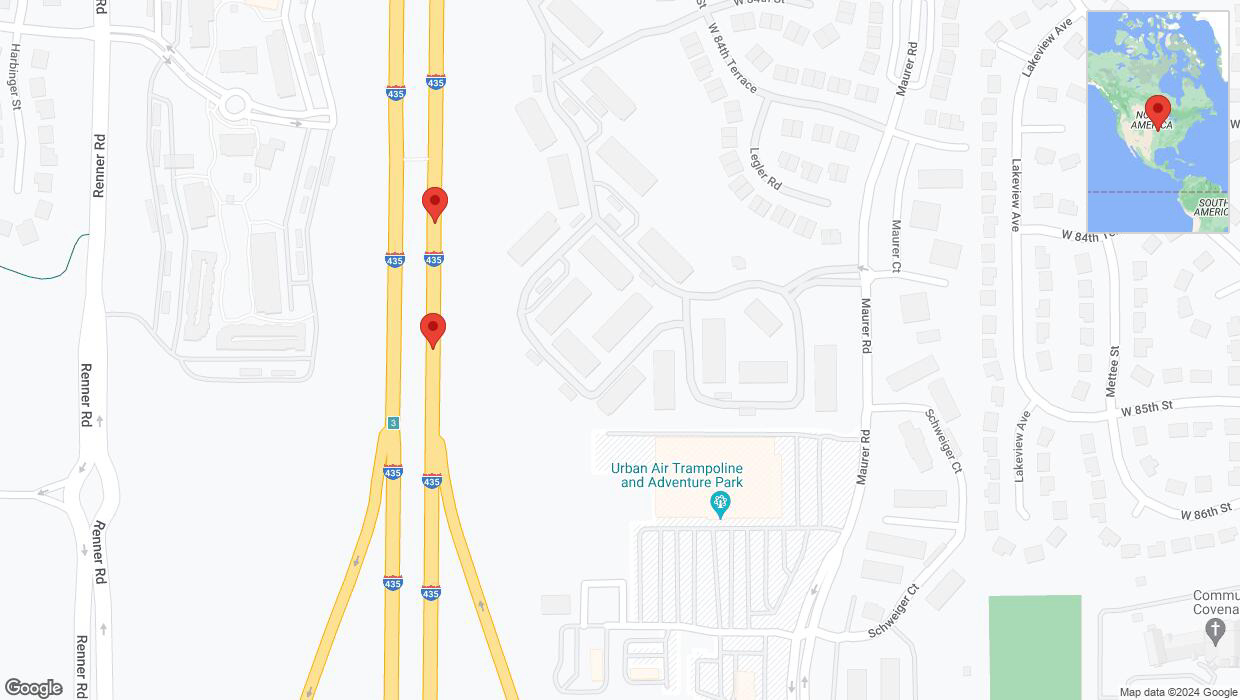 A detailed map that shows the affected road due to 'Broken down vehicle on northbound I-435 in Lenexa' on August 28th at 4:44 p.m.