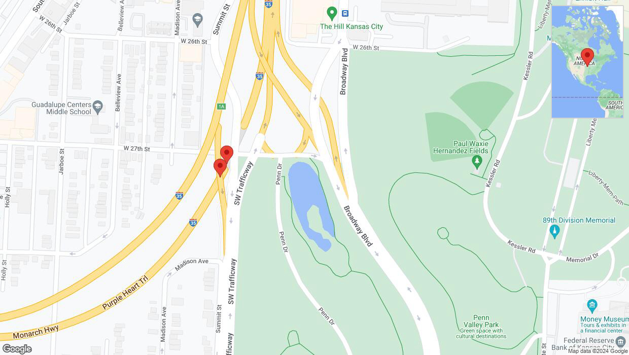 A detailed map that shows the affected road due to 'Broken down vehicle on northbound I-35 in Kansas City' on August 28th at 7:14 p.m.