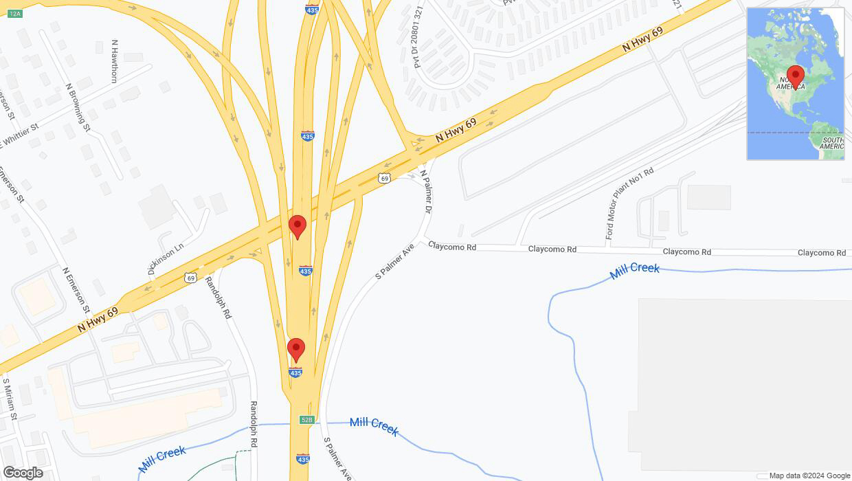 A detailed map that shows the affected road due to 'Broken down vehicle on southbound I-435 in Claycomo' on August 28th at 5:38 p.m.
