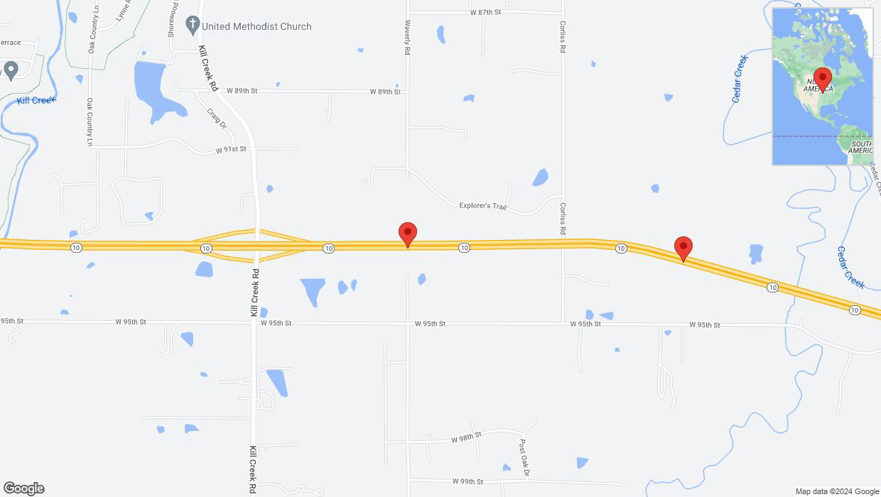 A detailed map that shows the affected road due to 'Warning in De Soto: Crash reported on eastbound K-10' on August 28th at 4:44 p.m.
