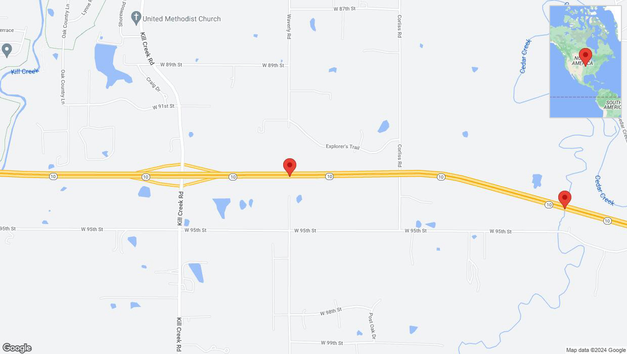 A detailed map that shows the affected road due to 'Warning: Crash on eastbound K-10 in De Soto' on August 28th at 4:50 p.m.