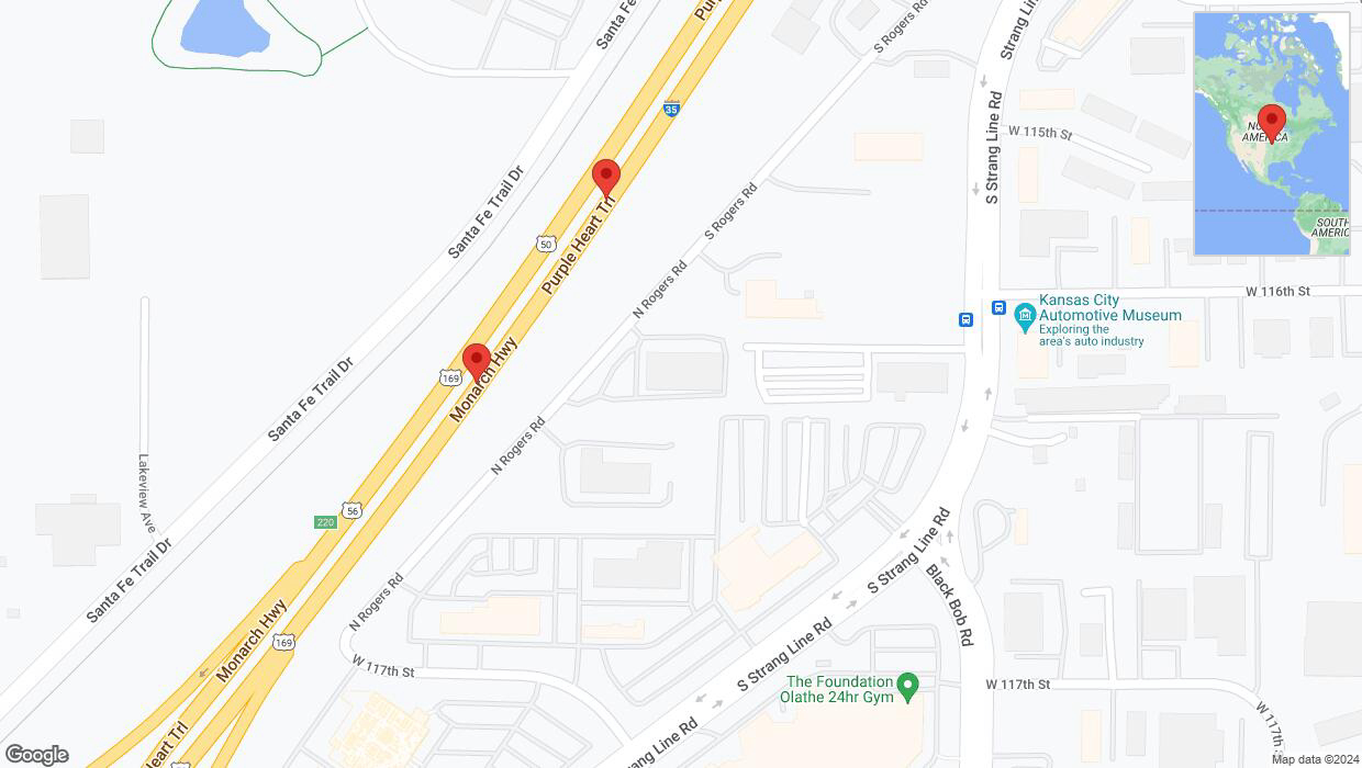 A detailed map that shows the affected road due to 'Warning: Crash on eastbound I-35 in Olathe' on August 28th at 5:14 p.m.