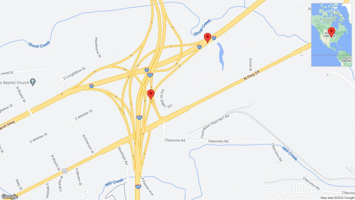 A detailed map that shows the affected road due to 'Broken down vehicle on Interstate 435 in Claycomo' on August 28th at 5:38 p.m.