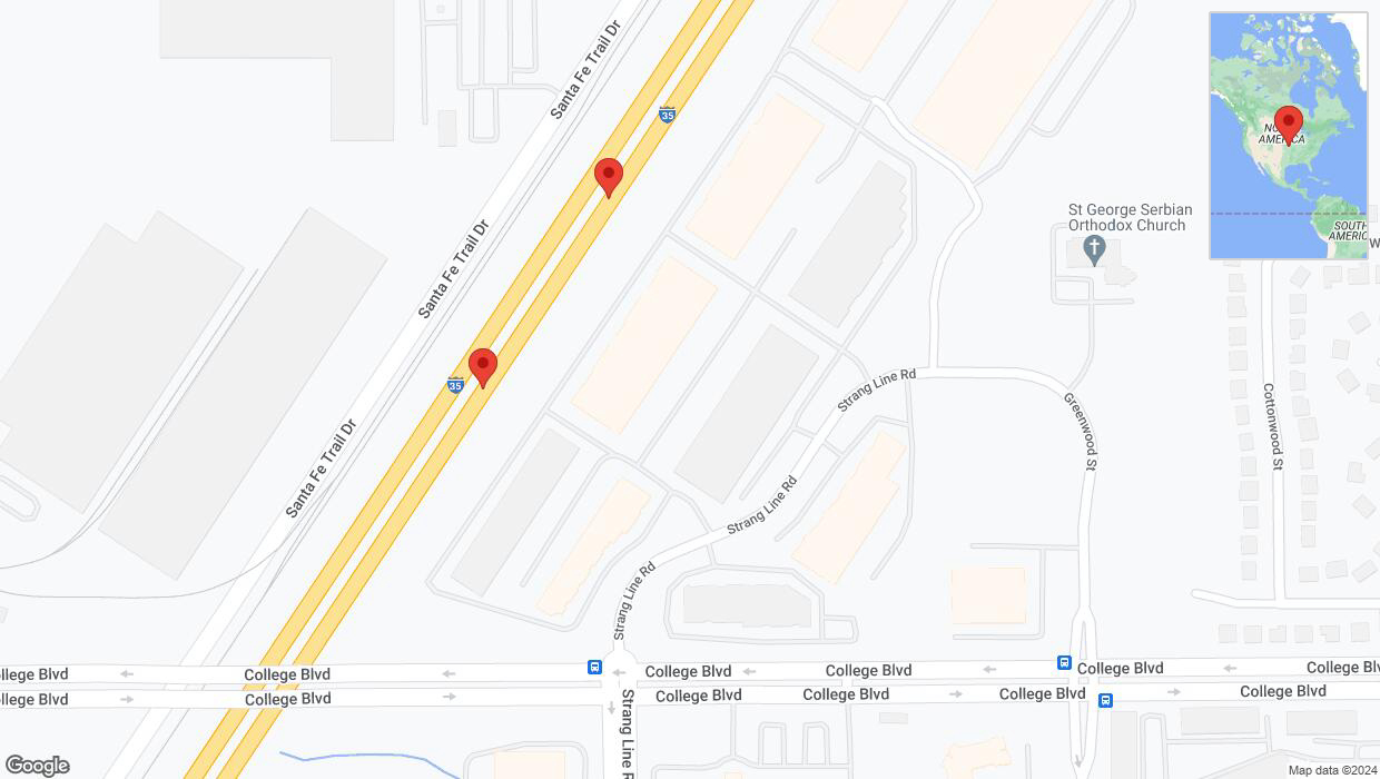 A detailed map that shows the affected road due to 'Broken down vehicle on eastbound I-35 in Lenexa' on August 28th at 5:44 p.m.
