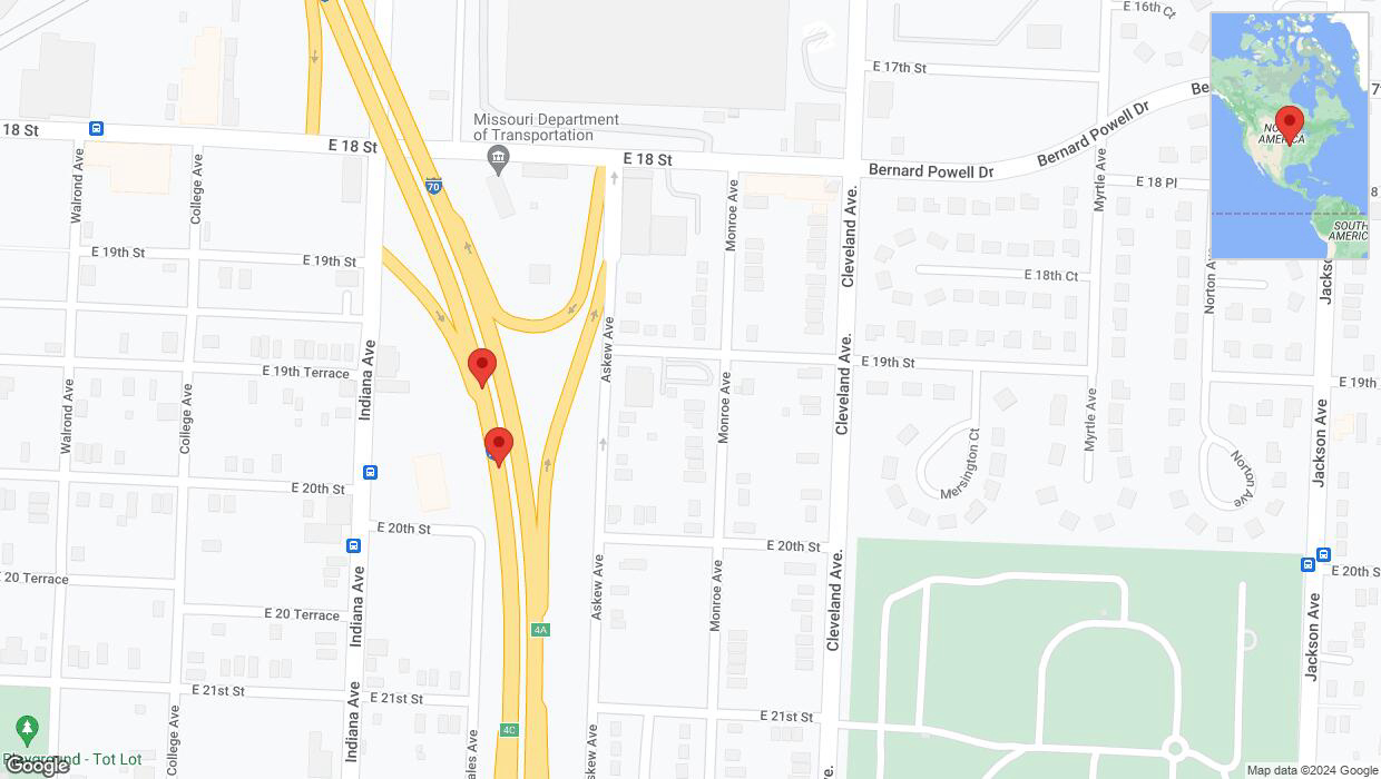 A detailed map that shows the affected road due to 'Broken down vehicle on eastbound I-70 in Kansas City' on August 28th at 5:50 p.m.