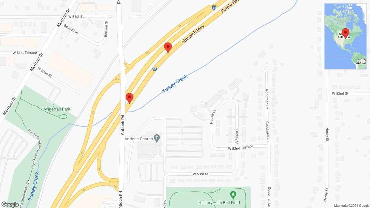 A detailed map that shows the affected road due to 'Broken down vehicle on northbound I-35 in Overland Park' on August 28th at 6:08 p.m.