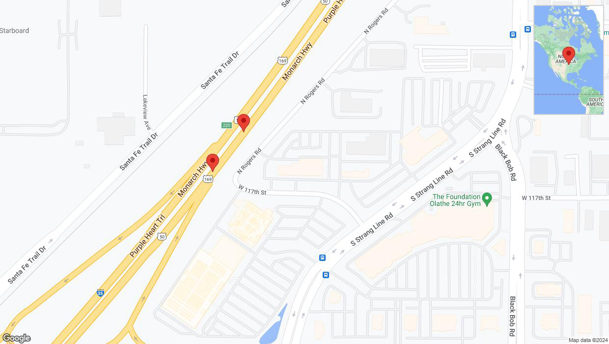 A detailed map that shows the affected road due to 'Crash reported on eastbound I-35 in Olathe' on August 28th at 7:08 p.m.