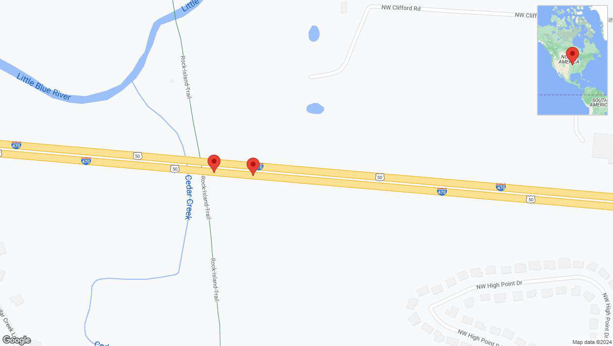 A detailed map that shows the affected road due to 'Broken down vehicle on eastbound I-470 in Lee's Summit' on August 28th at 6:26 p.m.