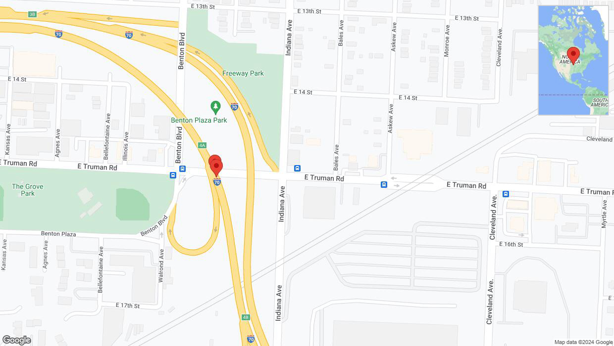A detailed map that shows the affected road due to 'Broken down vehicle on eastbound I-70 in Kansas City' on August 28th at 7:20 p.m.