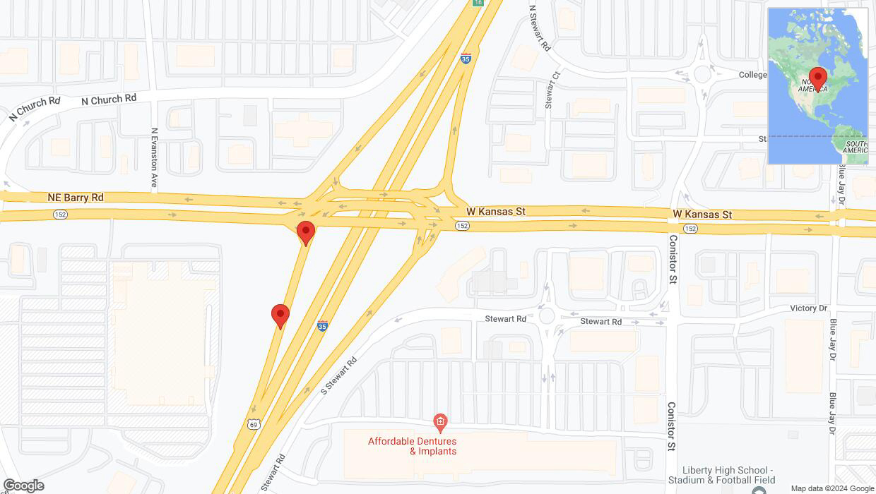 A detailed map that shows the affected road due to 'Broken down vehicle on I-35 South in Liberty' on August 28th at 9:20 p.m.