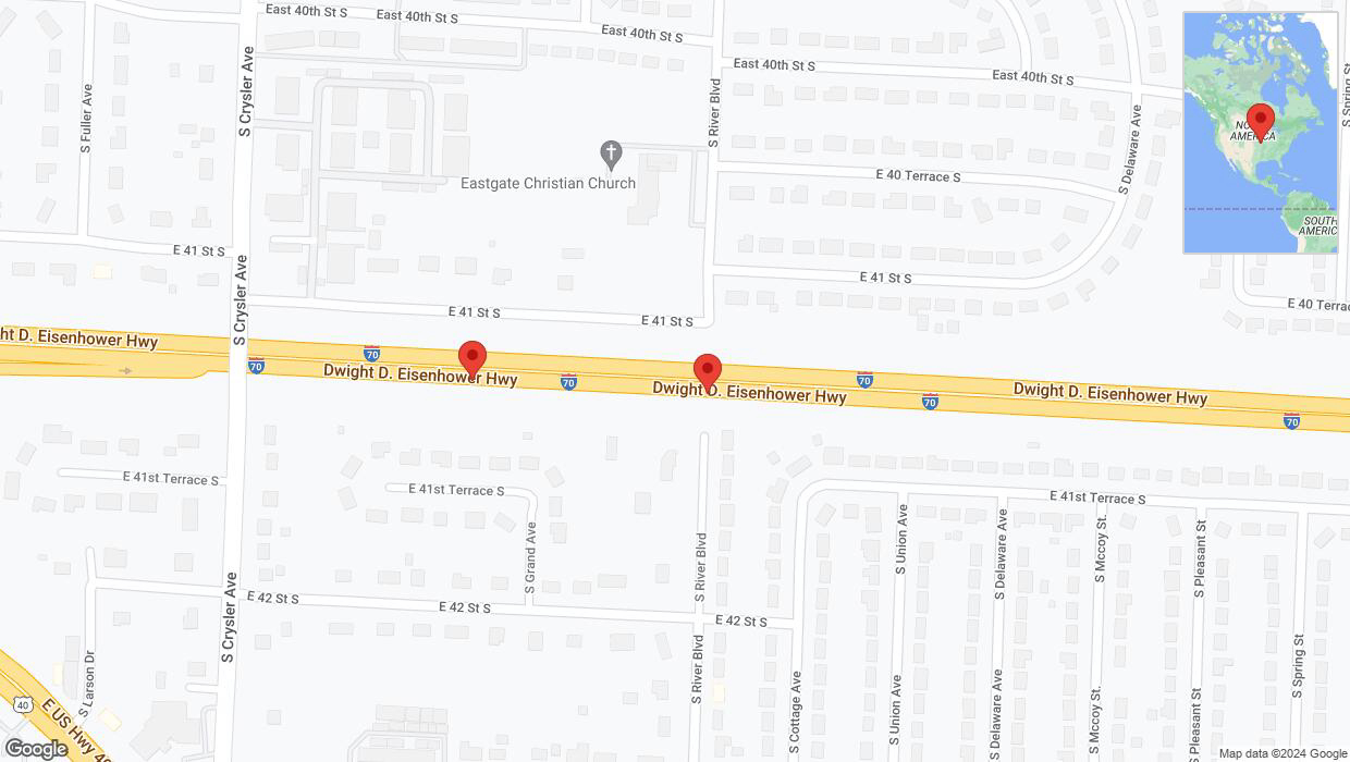 A detailed map that shows the affected road due to 'Broken down vehicle on eastbound I-70 in Independence' on August 28th at 9:02 p.m.