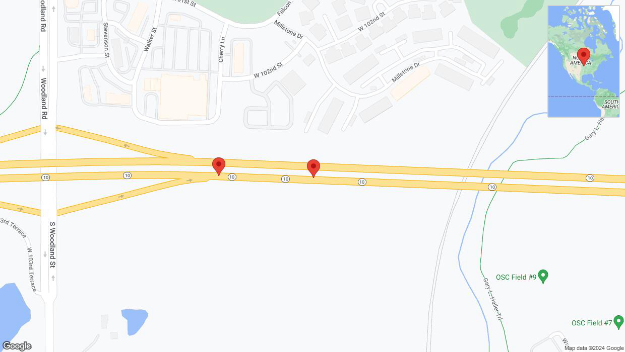 A detailed map that shows the affected road due to 'Broken down vehicle on eastbound K-10 in Lenexa' on August 29th at 1:58 p.m.