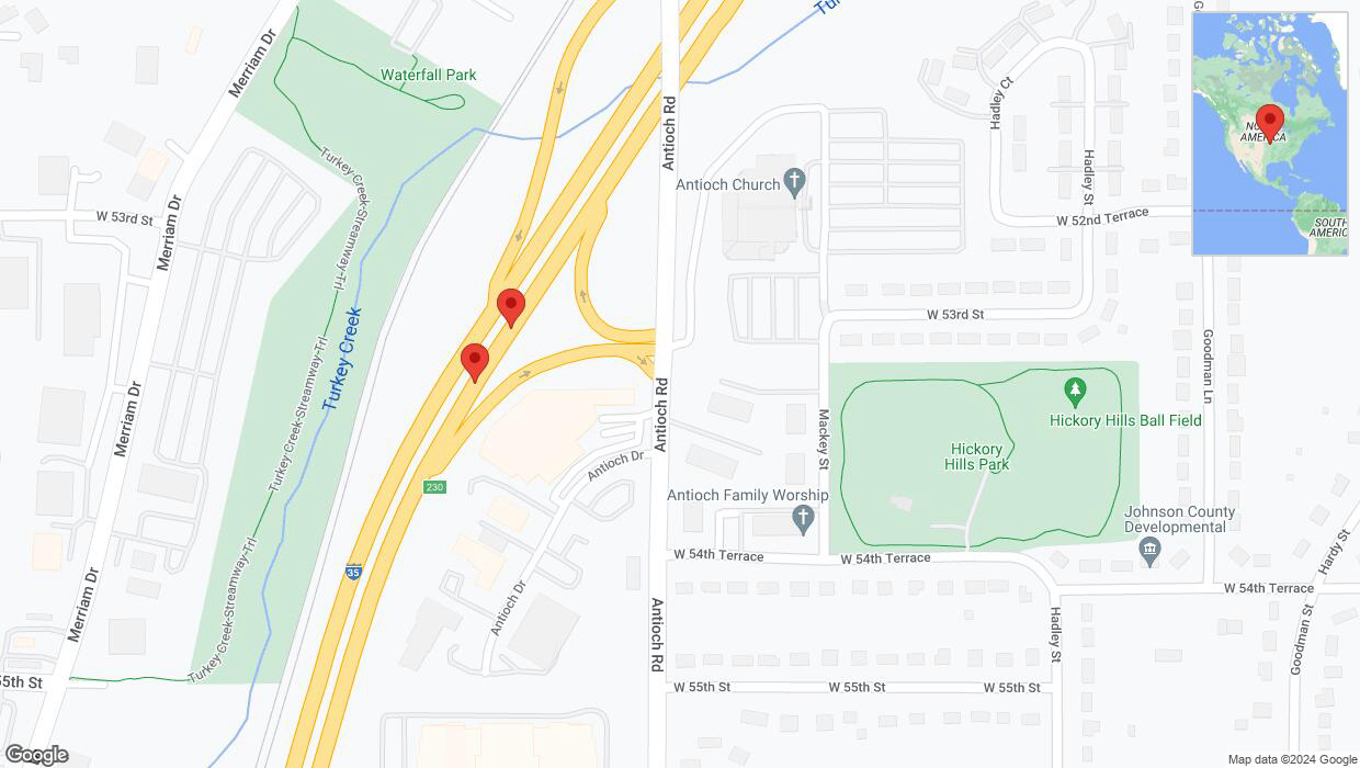 A detailed map that shows the affected road due to 'Broken down vehicle on northbound I-35 in Merriam' on August 29th at 6:55 p.m.