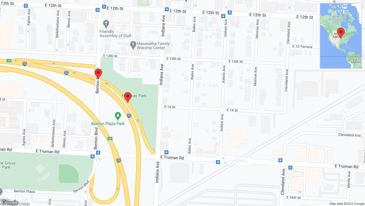 A detailed map that shows the affected road due to 'Broken down vehicle on Benton Plaza in Kansas City' on August 30th at 2:30 p.m.