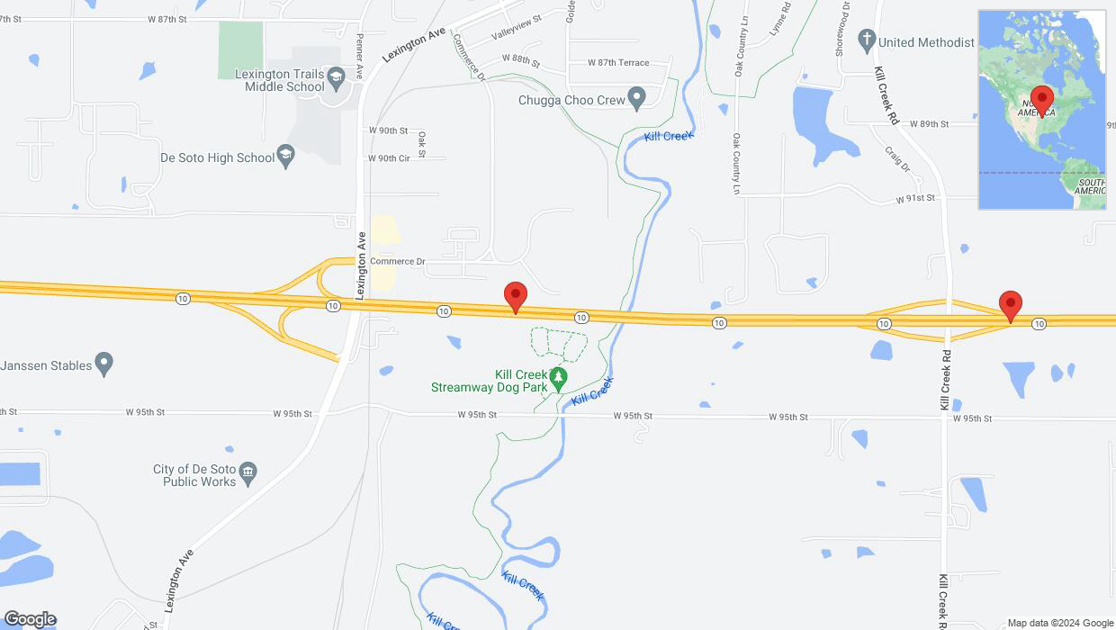 A detailed map that shows the affected road due to 'Warning: Crash on eastbound K-10 in De Soto' on August 30th at 4:06 p.m.