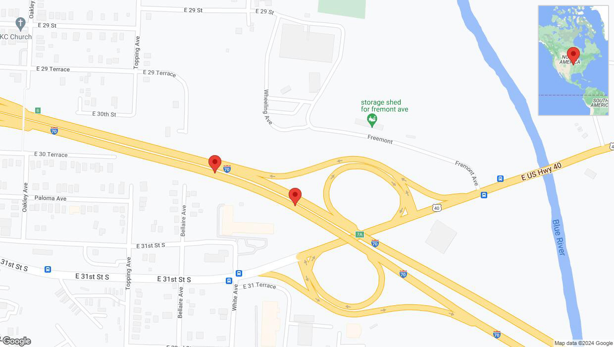 A detailed map that shows the affected road due to 'Broken down vehicle on eastbound I-70 in Kansas City' on August 30th at 6:30 p.m.