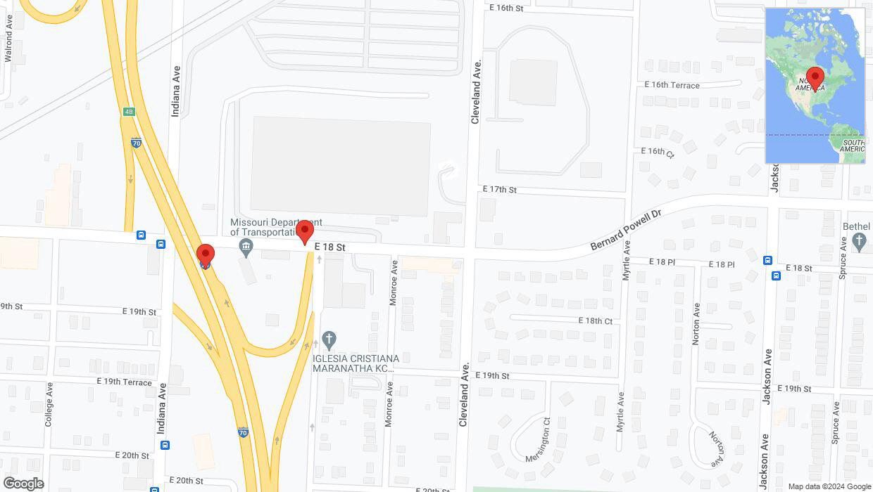 A detailed map that shows the affected road due to 'Broken down vehicle on East 18th Street in Kansas City' on August 30th at 10:42 p.m.