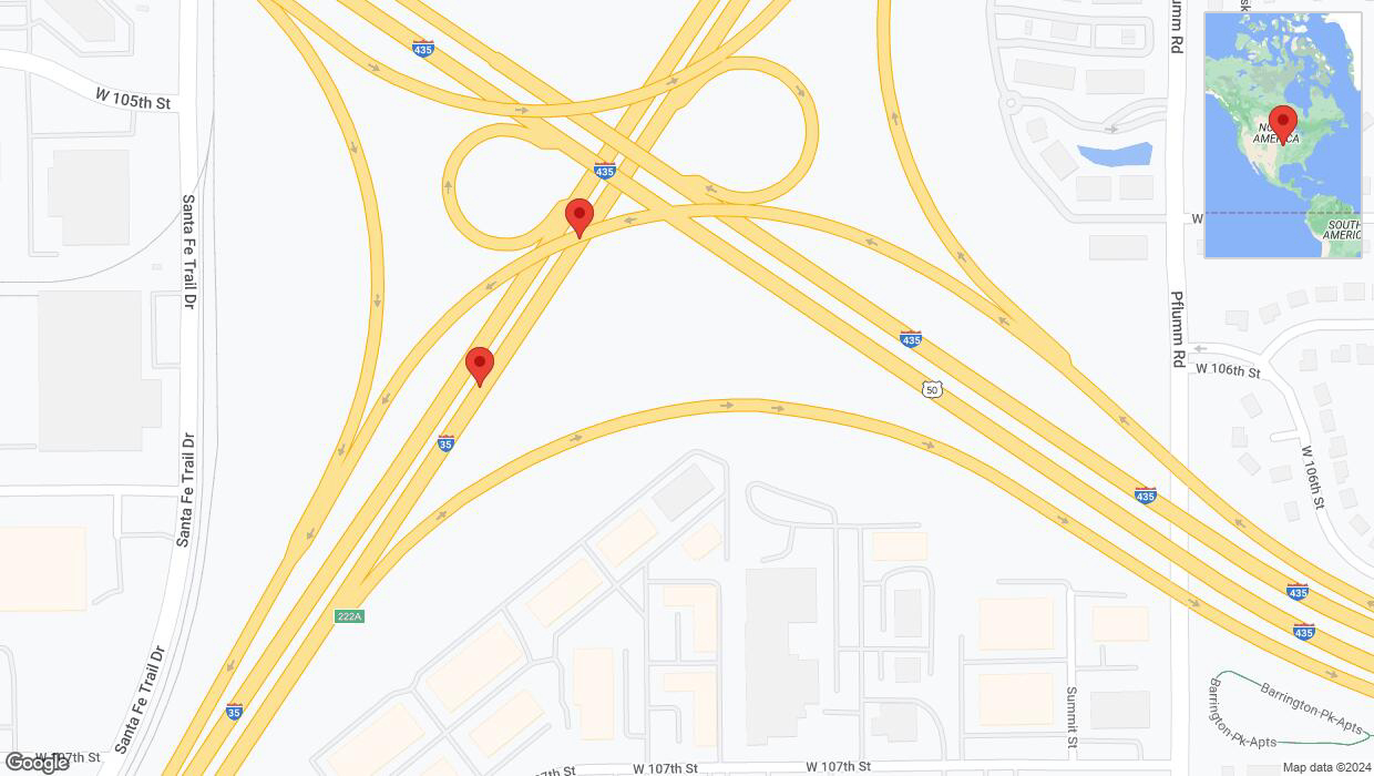 A detailed map that shows the affected road due to 'Broken down vehicle on eastbound I-35 in Lenexa' on August 31st at 3:06 p.m.
