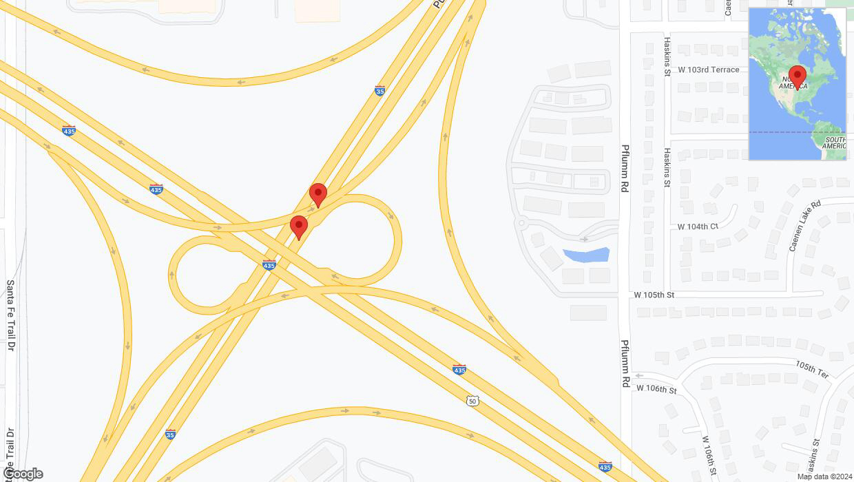 A detailed map that shows the affected road due to 'Broken down vehicle on eastbound I-35 in Lenexa' on August 31st at 3:36 p.m.
