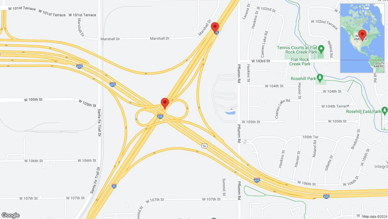 A detailed map that shows the affected road due to 'Broken down vehicle on eastbound I-35 in Lenexa' on August 31st at 4 p.m.