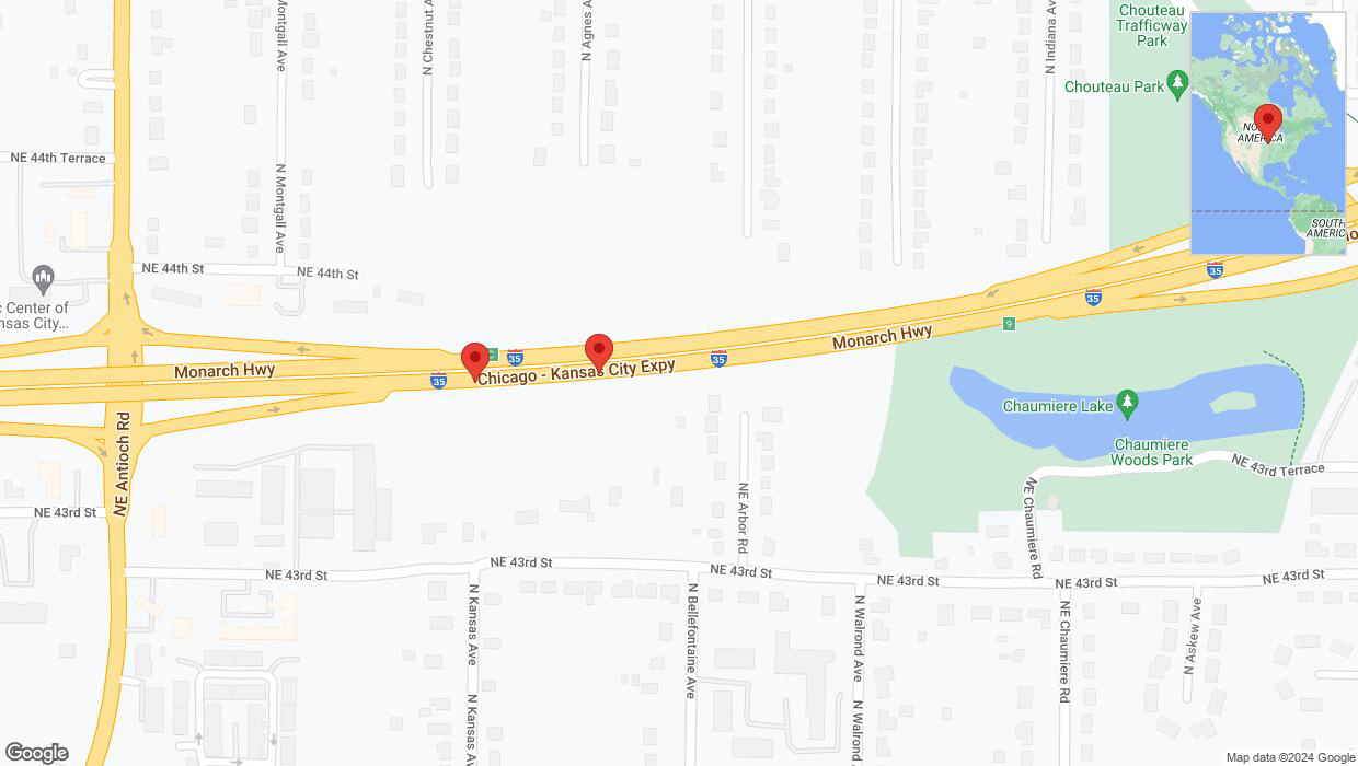 A detailed map that shows the affected road due to 'Broken down vehicle on northbound I-35 in Kansas City' on August 31st at 6:48 p.m.