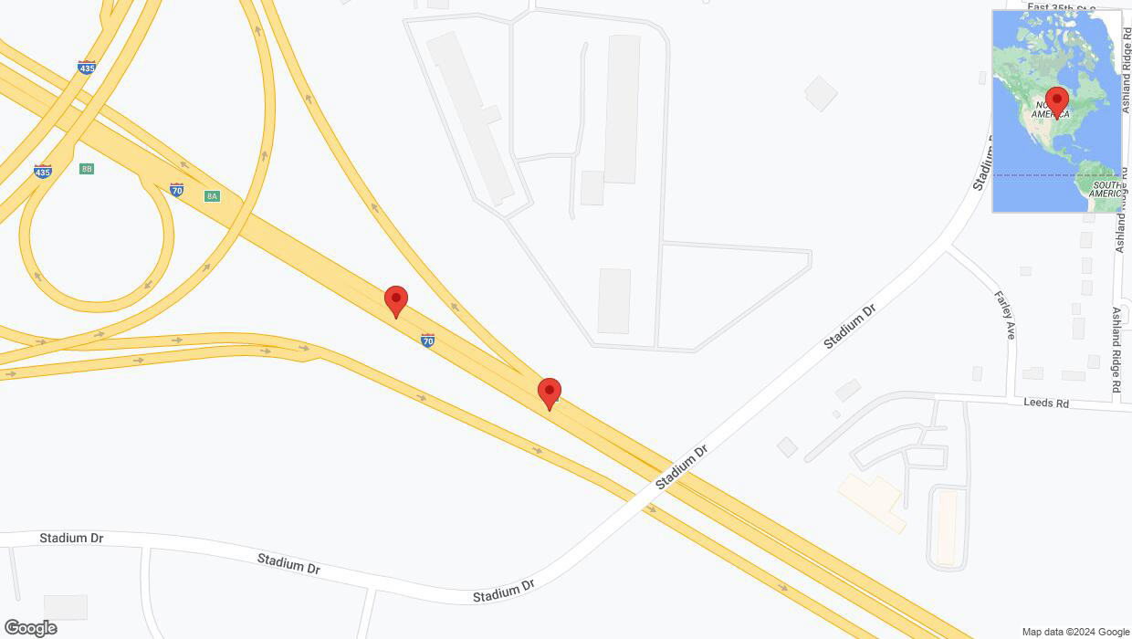 A detailed map that shows the affected road due to 'Broken down vehicle on eastbound I-70 in Kansas City' on August 31st at 7:23 p.m.