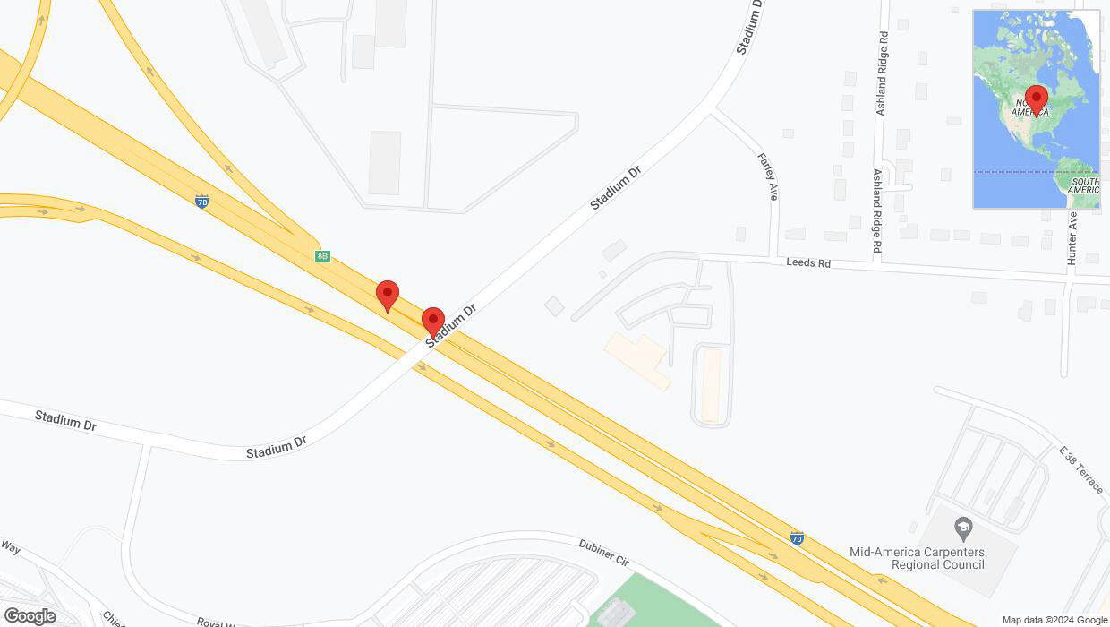A detailed map that shows the affected road due to 'Broken down vehicle on eastbound I-70 in Kansas City' on August 31st at 7:29 p.m.