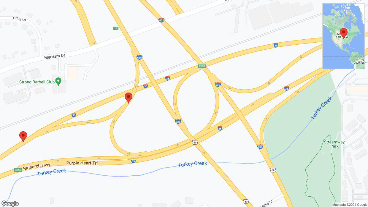 A detailed map that shows the affected road due to 'Broken down vehicle on Purple Heart Trail in Overland Park' on September 1st at 5:40 p.m.