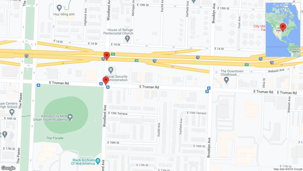 A detailed map that shows the affected road due to 'East Truman Road temporarily closed in Kansas City' on September 7th at 12:22 p.m.