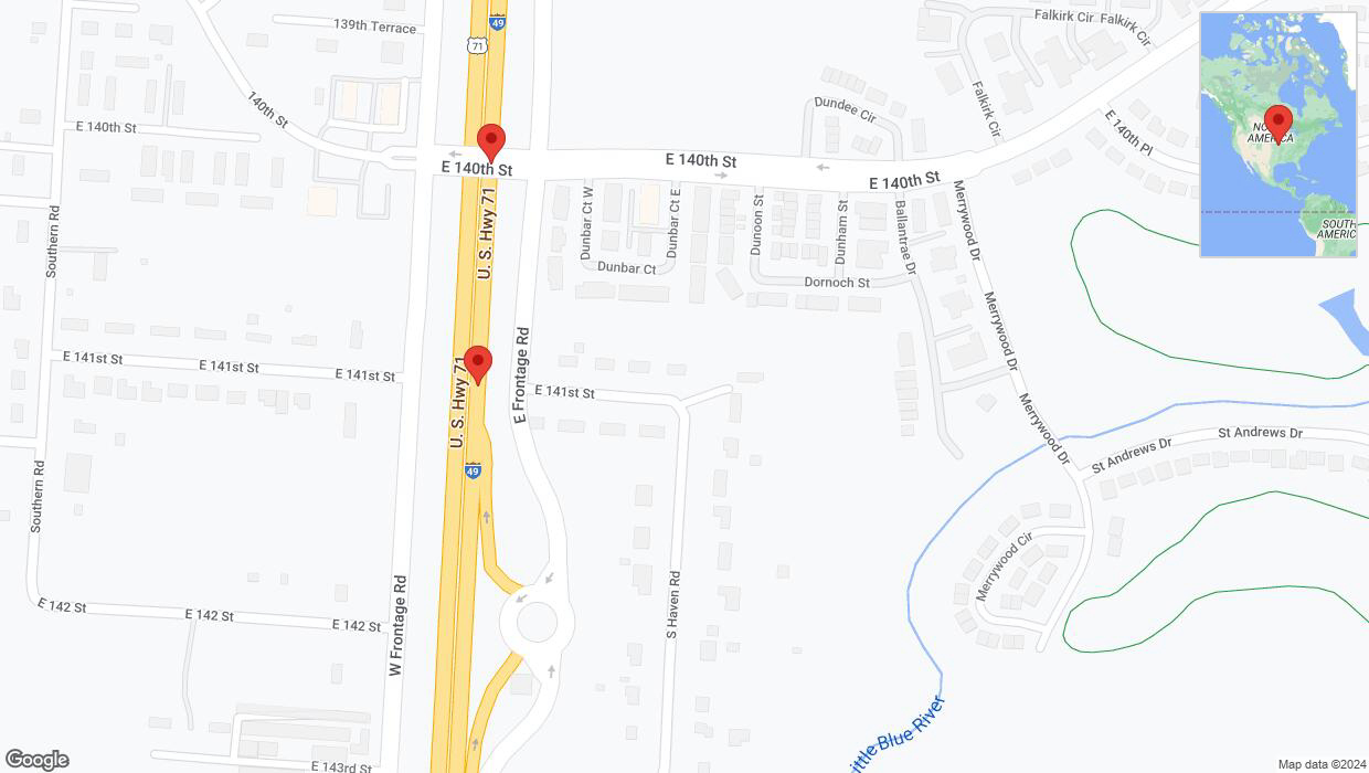 A detailed map that shows the affected road due to 'Broken down vehicle on northbound I-40/US-71 in Grandview' on September 8th at 6:04 p.m.