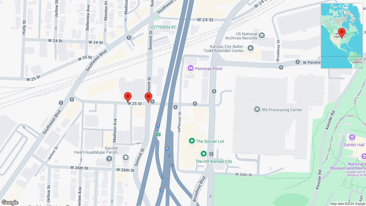 A detailed map that shows the affected road due to 'West 25 Street closed in Kansas City' on September 3rd at 9:41 p.m.