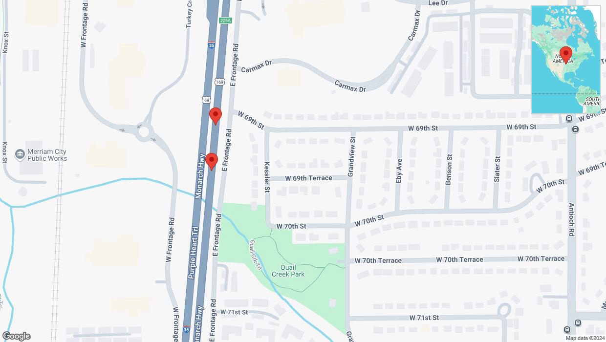 A detailed map that shows the affected road due to 'Broken down vehicle on eastbound I-35 in Overland Park' on September 4th at 3:05 p.m.