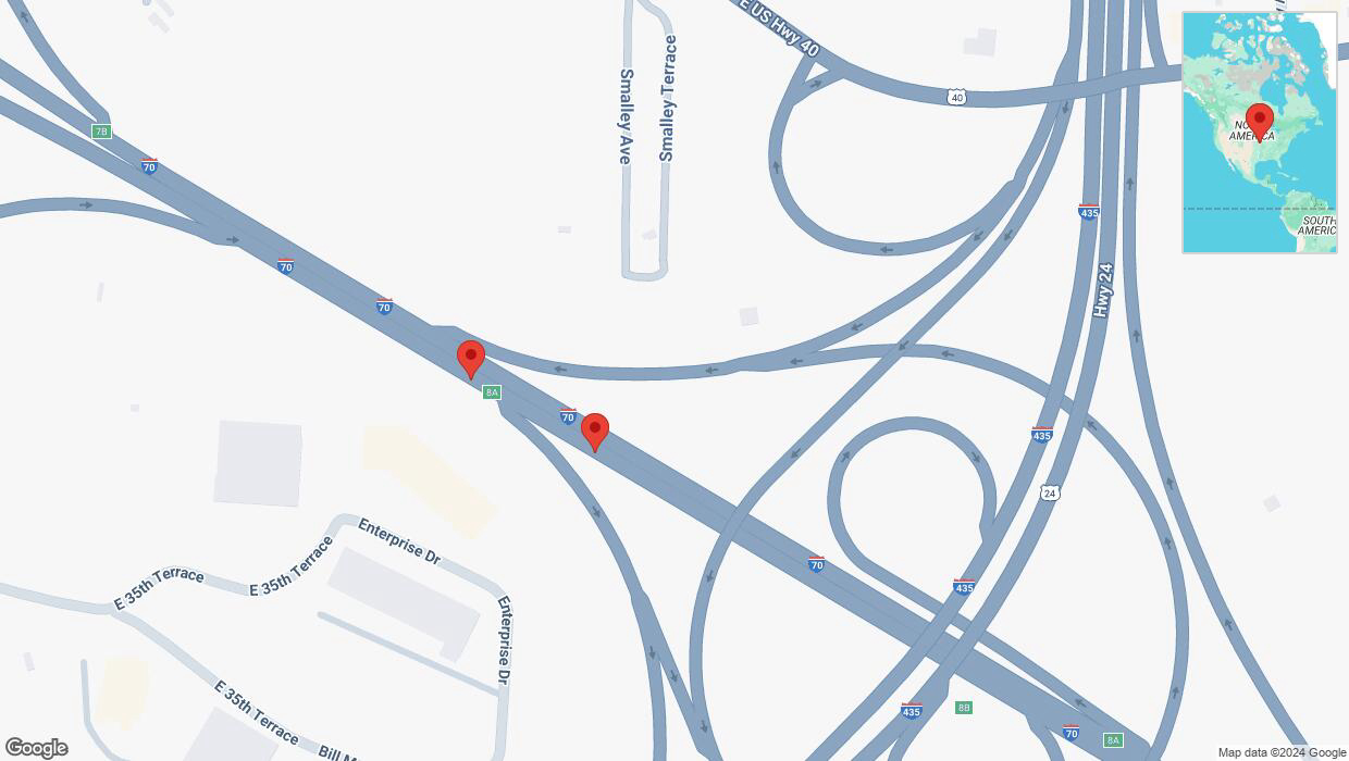 A detailed map that shows the affected road due to 'Broken down vehicle on eastbound I-70 in Kansas City' on September 4th at 5:29 p.m.