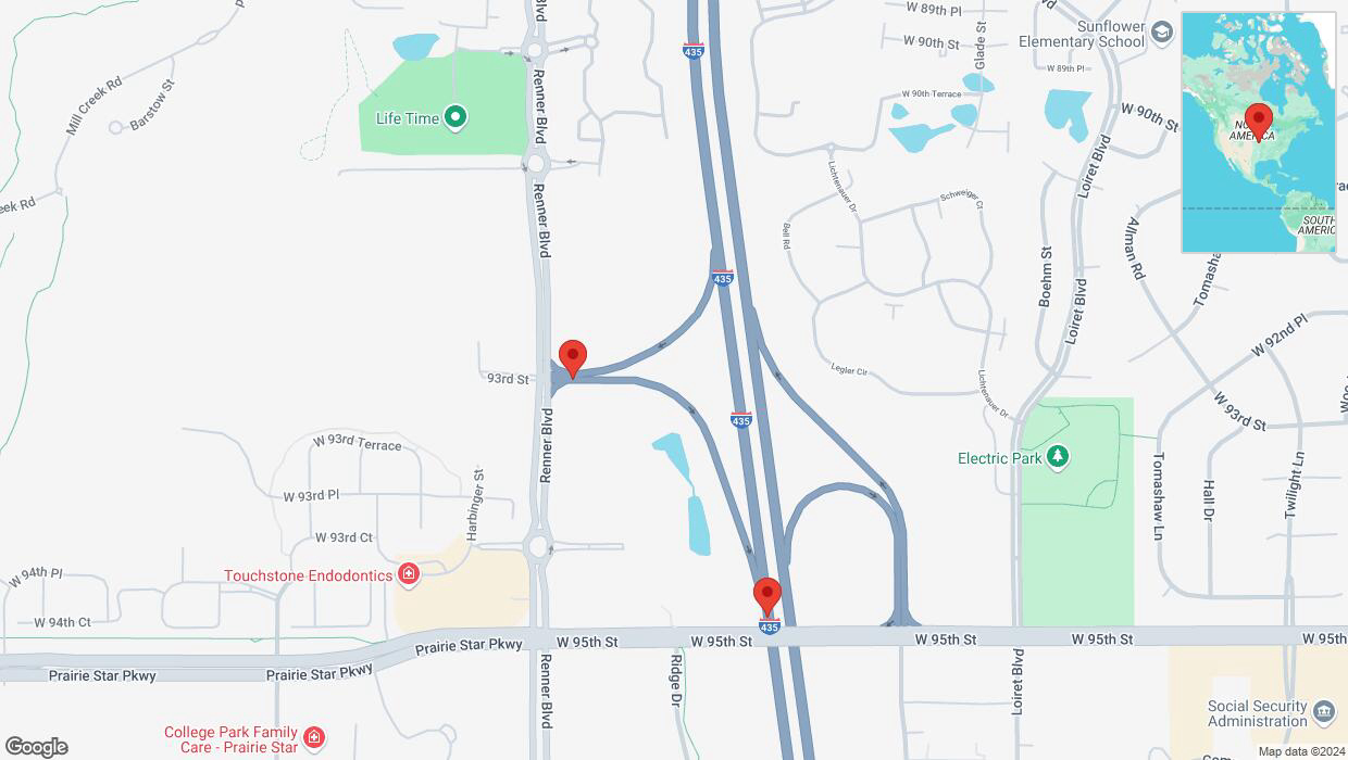 A detailed map that shows the affected road due to 'Renner Boulevard closed in Lenexa' on September 8th at 6:22 p.m.