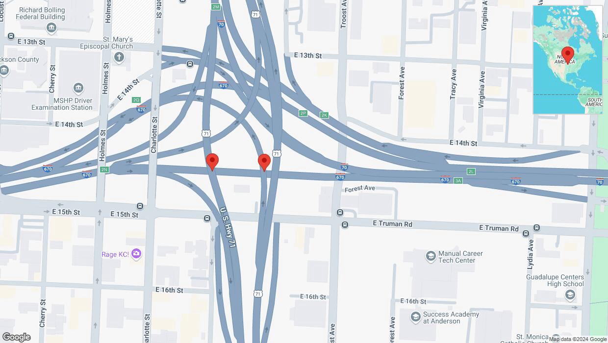 A detailed map that shows the affected road due to 'Broken down vehicle on eastbound I-670 in Kansas City' on September 4th at 10:17 p.m.