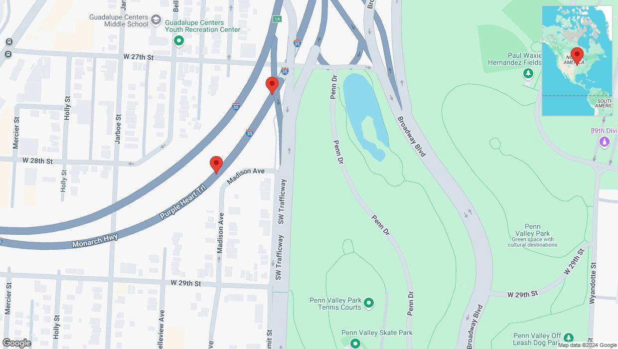 A detailed map that shows the affected road due to 'Broken down vehicle on northbound I-35 in Kansas City' on September 5th at 4:34 p.m.