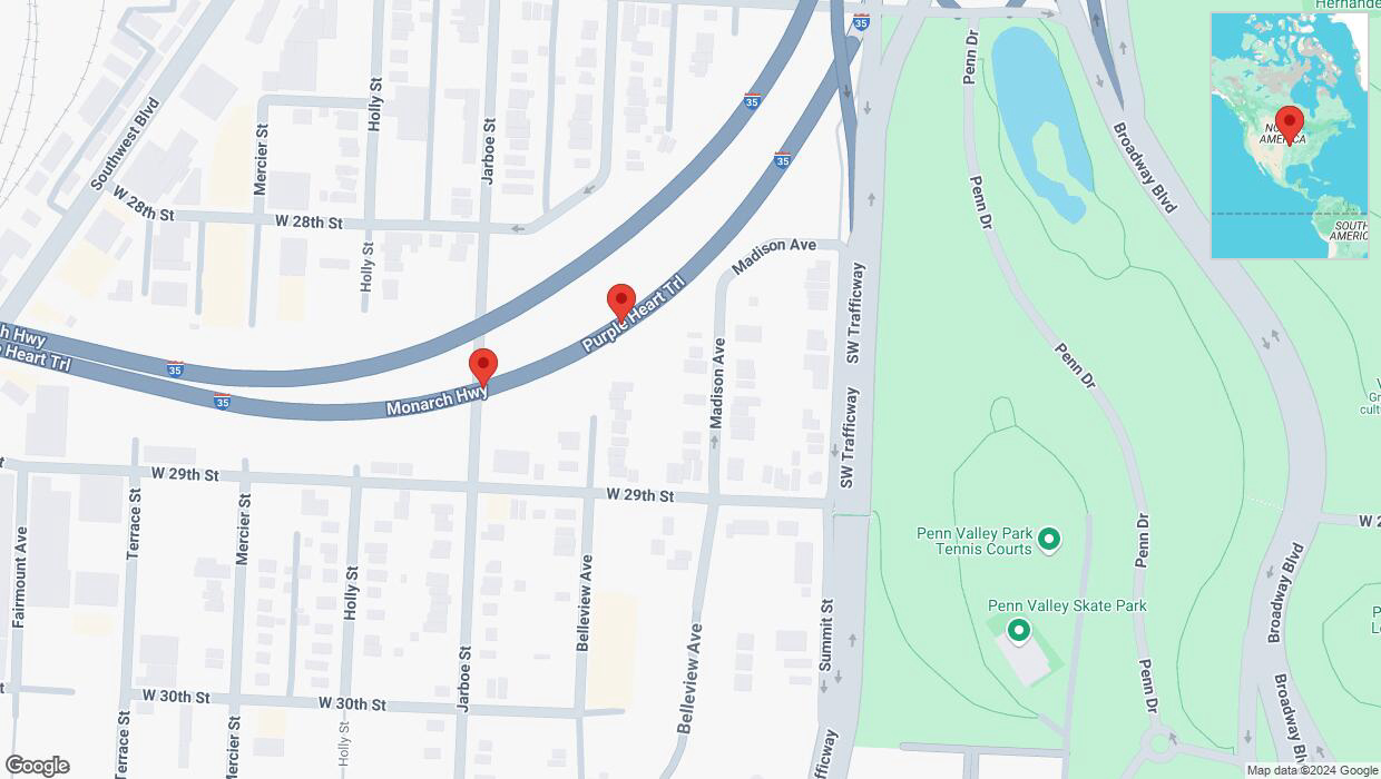 A detailed map that shows the affected road due to 'Broken down vehicle on northbound I-35 in Kansas City' on September 5th at 2:40 p.m.
