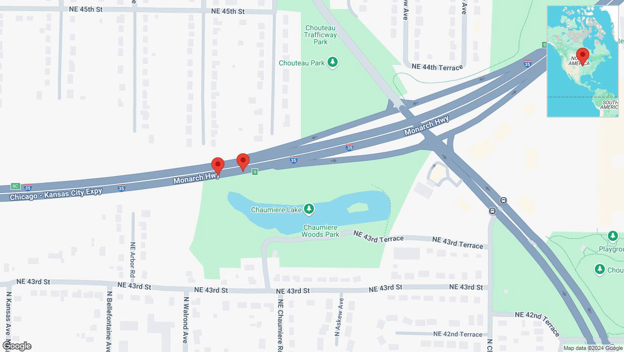 A detailed map that shows the affected road due to 'Broken down vehicle on northbound I-35 in Kansas City' on September 5th at 9:04 p.m.