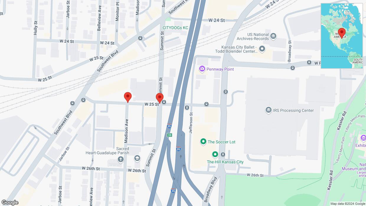 A detailed map that shows the affected road due to 'West 25 Street closed in Kansas City' on September 5th at 9:52 p.m.