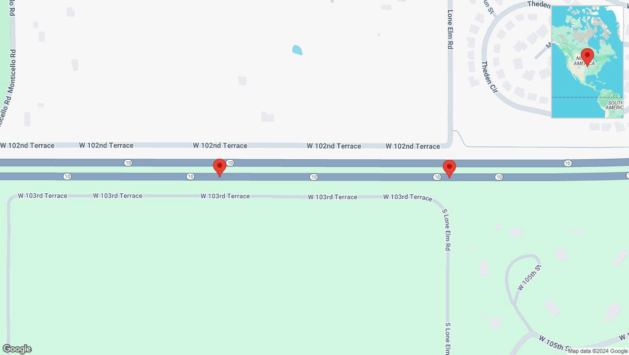 A detailed map that shows the affected road due to 'Broken down vehicle on eastbound K-10 in Lenexa' on September 6th at 6:48 p.m.