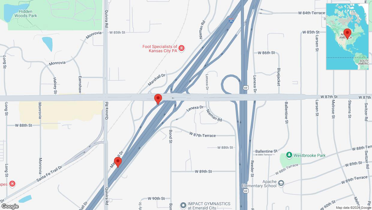 A detailed map that shows the affected road due to 'Monarch Highway temporarily closed in Lenexa' on September 6th at 9:04 p.m.