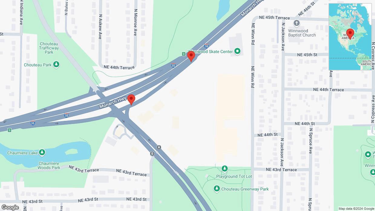 A detailed map that shows the affected road due to 'Broken down vehicle on Chouteau Trafficway in Kansas City' on September 6th at 9:46 p.m.