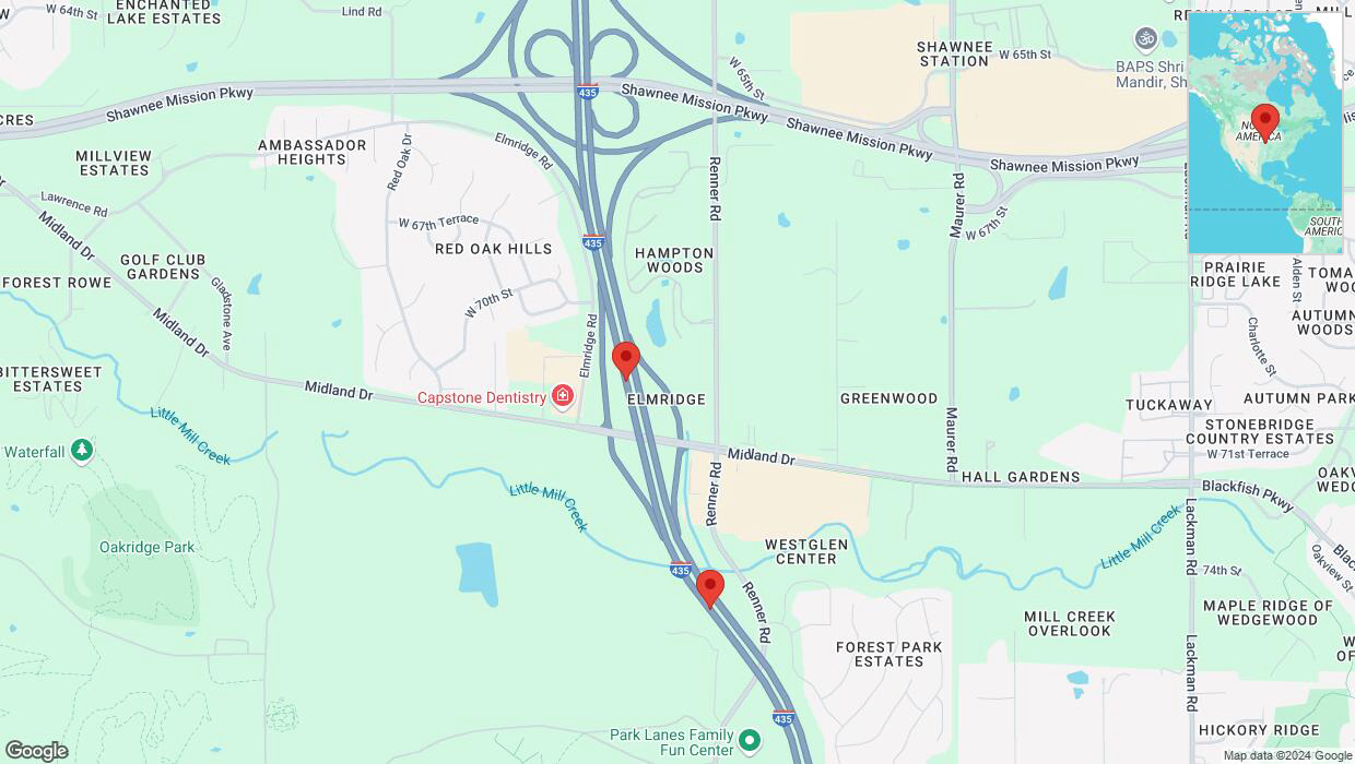 A detailed map that shows the affected road due to 'Lane on I-435 closed in Shawnee' on September 7th at 8:34 p.m.