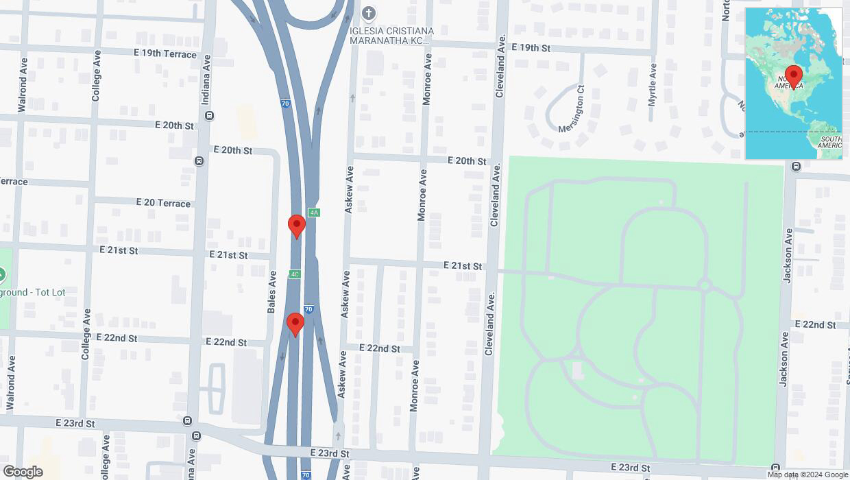 A detailed map that shows the affected road due to 'Broken down vehicle on eastbound I-70 in Kansas City' on September 7th at 12:28 p.m.